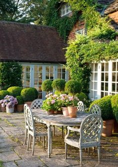 an outdoor table and chairs with potted plants on the side of it in front of a house