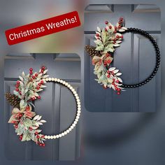 christmas wreaths with berries and pine cones are hanging on the front door, along with a red ribbon