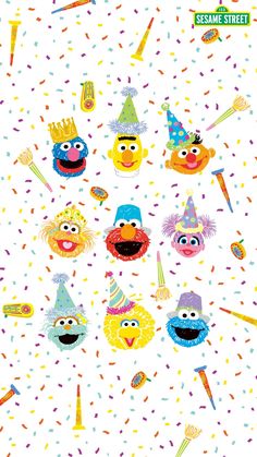 an image of sesame street characters on a white background with confetti and sprinkles