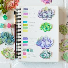 an open notebook with colorful succulents on it