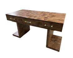 a wooden table with two drawers on it's sides and one drawer open to show the