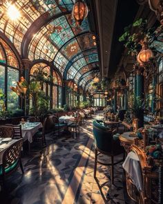 the inside of a restaurant with lots of tables and chairs in front of large windows