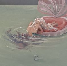 a painting of a woman floating on top of a body of water with a pink umbrella over her head