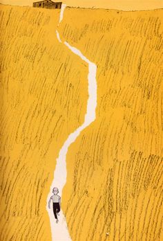 a drawing of a man walking down a path in the middle of a yellow field