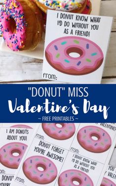 two donuts with pink frosting and sprinkles on them next to a free printable for valentine's day