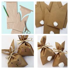 four pictures showing how to make paper bags with bunny ears on them, and scissors