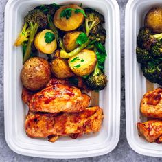 two plastic containers filled with chicken, potatoes and broccoli