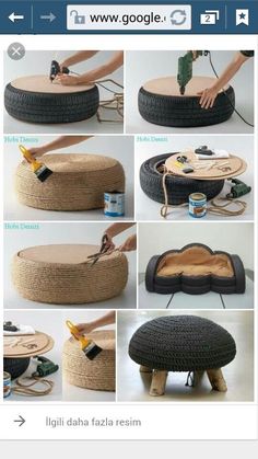 the instructions for making an ottoman out of old tires and wood planks are shown