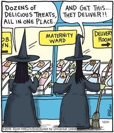 two witches are talking to each other in front of a store window with signs on it