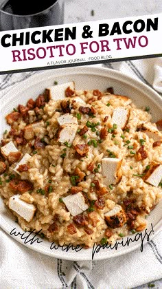 chicken and bacon risotto for two on a white plate