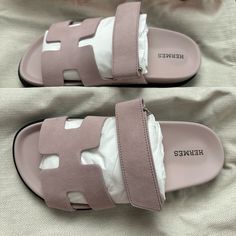 Brand New Herms Chypre Slides In Rose Porcelaine (Light Pink) - Women’s 36 Includes Dust Bag, Ribbon, Box Fit: Sandals By Herms Typically Run Small, Consider Taking A Half Size Up. Hermes Slides Outfit, Designer Wishlist, Hermes Slides, Hermes Sandals, Slides Outfit, Ribbon Box, Hermes Shoes, Sandals Women, Walker Boots