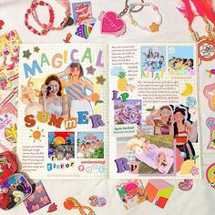 an open scrapbook with pictures and other items on it, including beads, bracelets, necklaces and rings