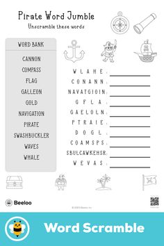 Medium pirate-themed word scramble for kids ages 5 and up Pirates Of The Caribbean Activities, Word Scramble For Kids, Pirate Words, Pirate Code, Word Jumble, Pirate Activities, Crafts And Activities For Kids, Fun Friday, Word Scramble