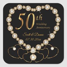 the 50th wedding anniversary square sticker is shown in gold and white with diamonds on it