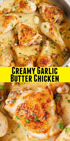 creamy garlic butter chicken in a skillet with the title overlay reads, creamy garlic butter chicken