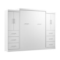 two white closets with drawers and doors on each side against a white background that appears to be empty