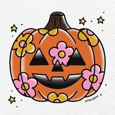 a drawing of a pumpkin with flowers on it