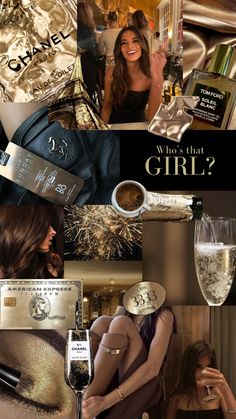 a collage of photos with champagne, gold and other things in it that include women's clothing