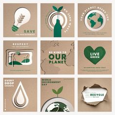 several different posters with the words save our planet and green things on them, including water,