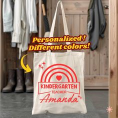 Personalized Canvas Tote Bag for Kindergarten Teachers Looking for a thoughtful and practical gift for a kindergarten teacher? Our personalized canvas tote bag is the perfect choice! With the inscription "Kindergarten Teacher" and the option to add a personalized name, this tote bag is a stylish and functional accessory that any teacher will love. Why This Tote Bag is the Perfect Gift: Personalized Touch: Make it extra special by adding the teacher's name to the bag. This personal touch shows yo School Canvas Bag With Letter Print, Back To School Canvas Bag With Letter Print, Personalized Rectangular Canvas Bag For School, Customizable Bags For End Of School Year Gifts, Personalized Rectangular Canvas School Bag, Back To School Canvas Bag Gift, Back To School Gift Canvas Bag, Back To School Gift Cotton Canvas Bag, Personalized White Canvas Bag For School