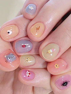 Korean pastel nails: shimmery short nails with cute accents Clear Base Nail Art, Classic Short Nail Designs, Soft Gel Nails Design Ideas, Cute Mix Match Nails, Easy Cherry Nails, Pastel Nail Art Simple, Nail Ideas Korean, Nails With Simple Design, Pastel Nails Ideas