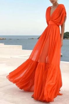 New Orange Sexy Chiffon V-Neck Wedding Guest Dresses Couture Dior, Wedding Guest Dresses Long, Fashion Birthday, Vacation Maxi Dress, Women's A Line Dresses, Dress 2022, Backless Long Dress, Birthday Vacation