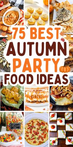 Easy fall party food ideas for an autumn harvest party, fall birthday party, or holiday celebration, including recipes for side dishes, appetizers, desserts, and crockpot main dishes that feed a crowd. October Party Food, Fall Party Menu Ideas, Easy Fall Party Food, Bonfire Food Ideas, Fall Finger Foods For Party, Party Meal Ideas, Bonfire Party Food, Fall Party Menu, Harvest Party Food