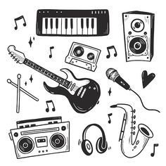 an image of musical instruments and sound equipment in black and white illustration on a white background