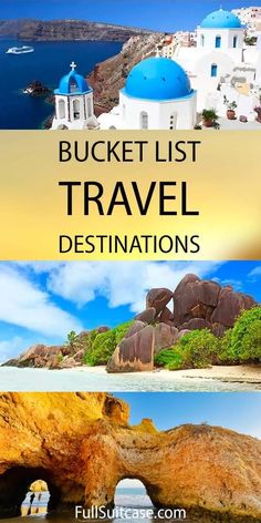 the cover of bucket list travel destinations, including blue domes and whitewashed buildings with text overlay that reads bucket list travel destinations