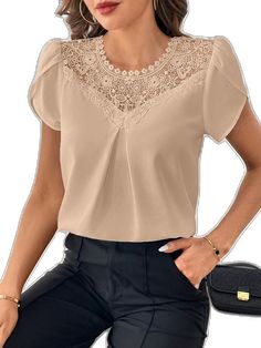 Elegant Non-stretch Beige Tops, Beige Non-stretch Top For Work, Elegant Short Sleeve Lace Top For Work, Elegant Lace Top, Elegant V-neck Blouse With Lace Patchwork, Fitted Short Sleeve Lace Top For Work, Formal Lace Patchwork Blouse, Fitted Workwear Blouse With Lace Patchwork, Fitted Lace Patchwork Blouse For Work