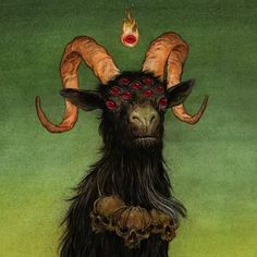 a painting of a goat with horns on it's head and two red eyes