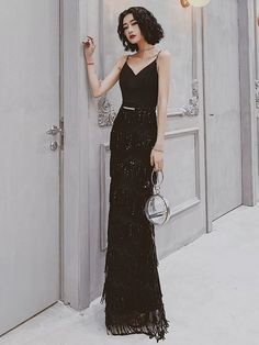 Modest Sheath Spaghetti Straps Black Sequin Long Prom Dresses Party Gown Evening Dress C3791 Party Gowns Evening, Party Gown, Party Gowns, Black Sequins