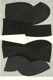 an abstract painting with black and white shapes