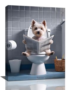 a dog sitting on top of a toilet reading a newspaper while holding it in its paws