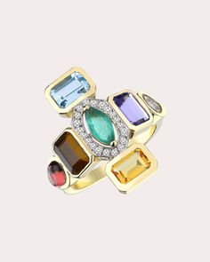 Based in 14-karat gold, the Chakra ring is formed from a rainbow-hued array of bezel-set gemstones that are believed to harmonize energy centers and promote overall well-being. Pavé diamond embellishments create ambient shimmer. From Melis Goral's Focus Collection, inspired by the beauty found in everyday life. 14k yellow gold, tiger's eye, amethyst, citrine, tanzanite, emerald, tourmaline and diamond Carat: 0.15 ctw diamond, 3.13 ctw gemstone Diamond color: G Diamond clarity: VS Polish with soft cloth Diamonds sourced from India Made in Turkey Measurements Face length: 0.78in | Melis Goral Women's Chakra Ring in Yellow Gold/multi Size 6 Multicolor Diamond Gemstones With Accents, Fusion Style Multi-stone Yellow Gold Gemstones, Luxury Multicolor Emerald Gemstone Ring, Yellow Gold Multi-stone Fusion Gemstones, Multicolor Multi-stone Diamond Birthstone Ring, Multicolor Gemstone Diamond Ring In Fine Jewelry Style, Chakra Ring, Energy Centers, Diamond Carat