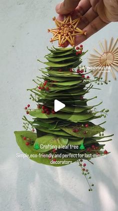 a hand holding a star shaped christmas tree made out of fake leaves and other things