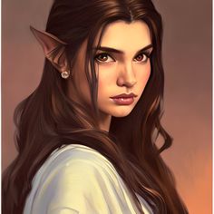 a digital painting of a woman with long brown hair and an elf's ears