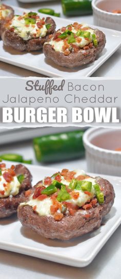 stuffed bacon jalapeno cheddar burger bowls on white plates with green peppers