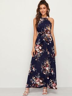 Floral Print Tie Back Belted Maxi Dress September Weddings, Dress For Mother, Woman In Dress, Womens Summer Dresses, Backyard Wedding Dresses, Fashion Boho Chic, Floral Boho Dress, Belted Maxi Dress, Long Floral Dress