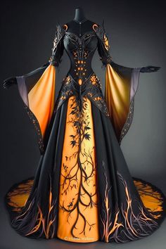 Hufflepuff Gown, Black And Orange Wedding Dress, Aubree Core, Dark Fantasy Gown, Vishma Maharaj, Purple Gown, Fantasy Style, Fancy Costumes