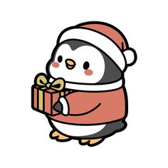 a penguin wearing a santa hat and holding a gift box