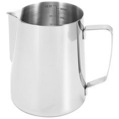 a stainless steel pitcher with a measuring tape on the bottom and handle to measure it