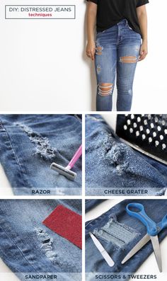 four photos showing different ways to sew jeans with scissors and sewing needles on them