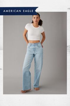 Rigid in the front. Stretchy in the back. Magic all over with innovative 50/50 construction/Comfort Stretch Waistband for an extra dose of comfy!/Light wash Curvy Jeans, Baggy Jeans, Women's Jeans, 50 50, Straight Jeans, Wide Leg Jeans, American Eagle Outfitters, Fitness Inspo, American Eagle