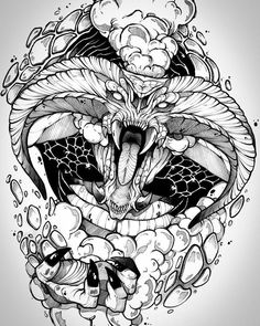 an ink drawing of a dragon surrounded by clouds