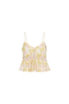 Loving on the Lavetta Top. This must-have cotton voile cami top features a dreamy mixed print featuring sunshine yellow and pretty pink florals all over. The flirty top has spaghetti straps, delicate ruffle details at the waist, trim details at the busts and tiny ruffles at the neckline. This piece is finished with a sweet, dainty tie detail at center front. Love Shack Fancy Top, Dainty Tops, Beachy Top, Girly Tops, Pretty Tops, Flirty Tops, Fancy Tops, Pretty Top, Europe Trip