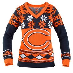 an orange and black sweater with the chicago bears on it's chest, in front of a white background