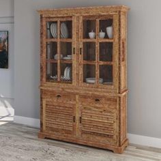 a wooden china cabinet with glass doors and drawers