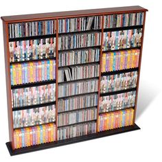 an entertainment center with many different types of dvd's on it, including two shelves