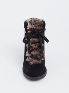 Cozy and cute, these black faux fur booties feature faux suede with a small wedge to take you from day to night in comfort. Our unique fit gives you extra wide width and extra room around your whole foot. EXTRA WIDE WIDTH (WW). Side zip closure. Faux Suede. Faux Fur. Almond toe. Lace-up closure. Contrast padded faux fur trim. 2. 75” wedge heel. Extra cushioned footbed. Man-made materials. Imported wide width shoes. The best plus size women's sherpa wedge bootie (ww) flatform & heels in black made of suede. Rock your look from Torrid to Festivals like Coachella and Lollapalooza, a concert, a show, or just for fun! Torrid is your destination for cozy fall and winter clothes to keep you warm and comfortable. Womens Sherpa, Comfortable Wedges, Unique Fits, Wedges Style, Wide Width Shoes, Black Faux Fur, Comfy Cozy, Shopping Day, Cute Sweaters